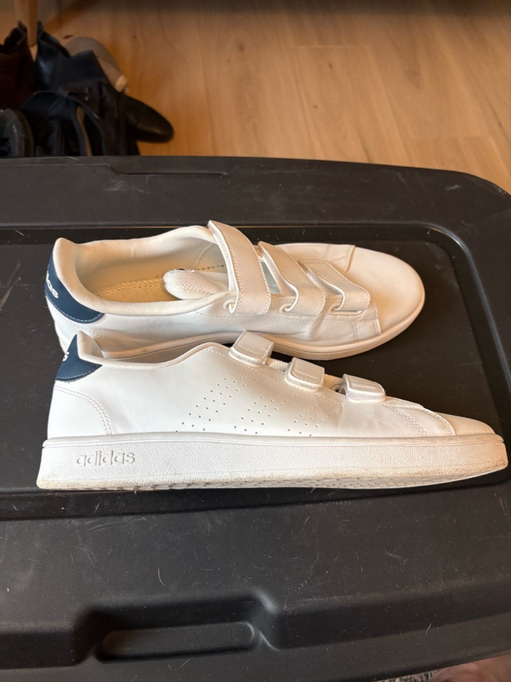 adidas Stan Smith White Low-Top Velcro Sneakers with Navy Heel Accent